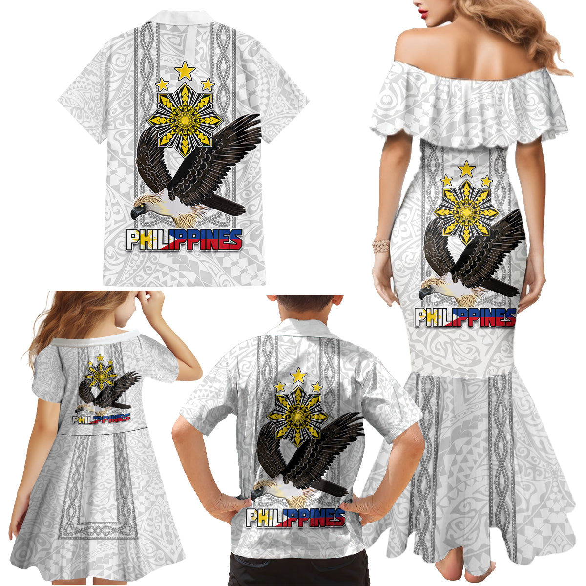 Philippines Eagle Week Family Matching Mermaid Dress and Hawaiian Shirt Polynesian Pattern Barong Style