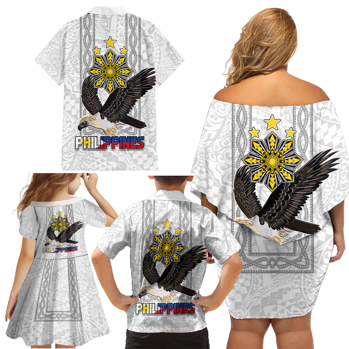 Philippines Eagle Week Family Matching Off Shoulder Short Dress and Hawaiian Shirt Polynesian Pattern Barong Style