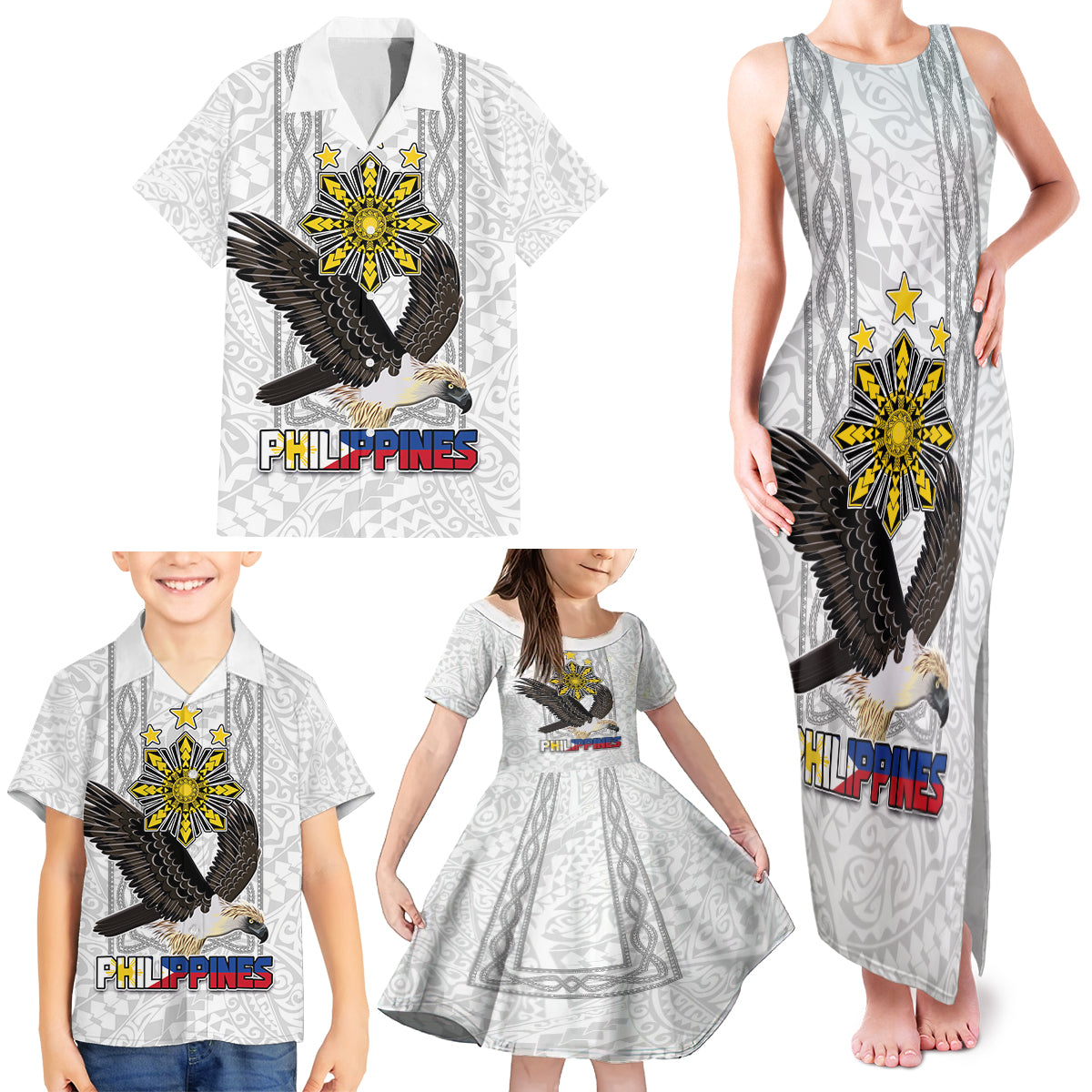 Philippines Eagle Week Family Matching Tank Maxi Dress and Hawaiian Shirt Polynesian Pattern Barong Style