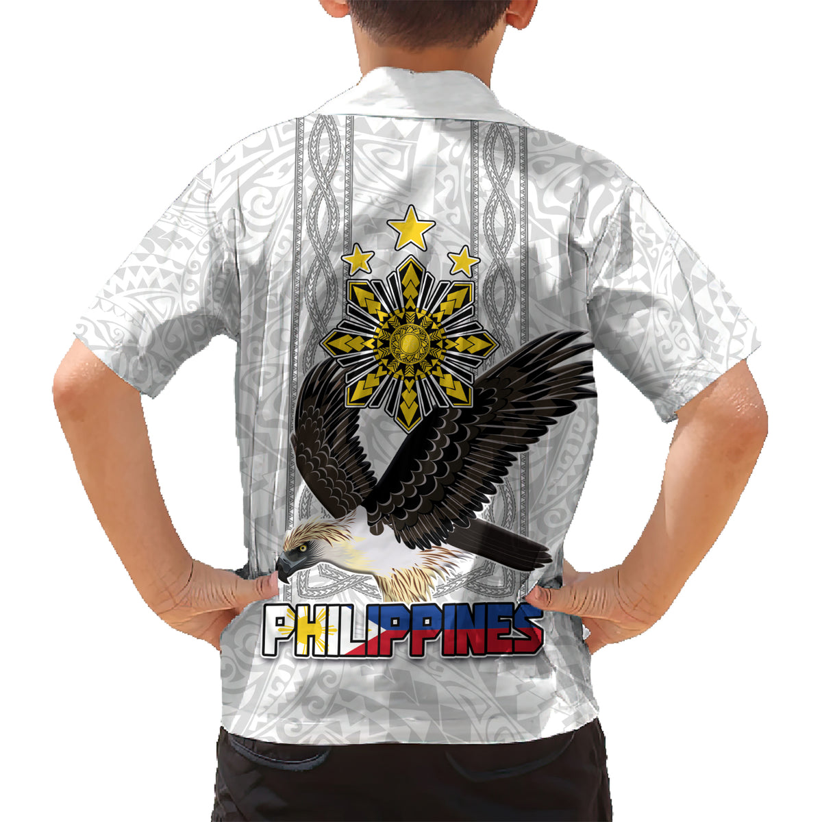 Philippines Eagle Week Kid Hawaiian Shirt Polynesian Pattern Barong Style