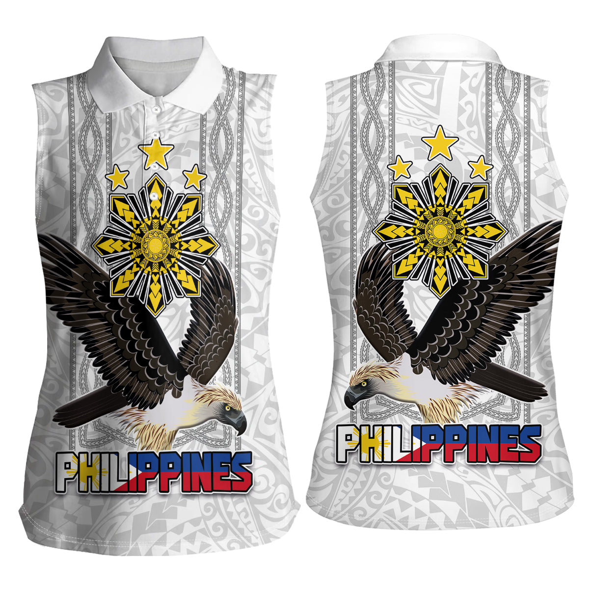 Philippines Eagle Week Women Sleeveless Polo Shirt Polynesian Pattern Barong Style
