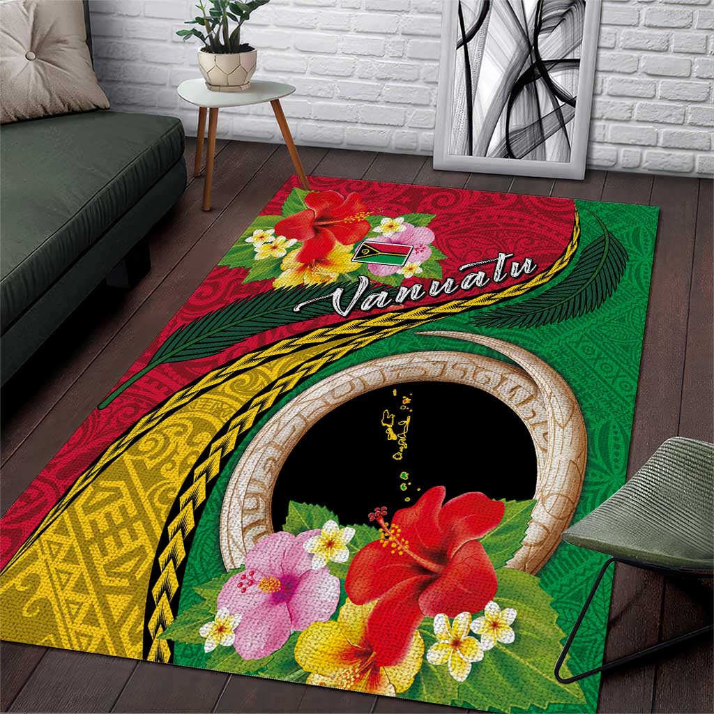 Vanuatu Tribal Boar Tusk Area Rug Tropical Plants with Namele and Melanesian Pattern