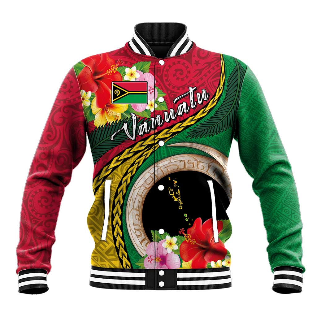 Vanuatu Tribal Boar Tusk Baseball Jacket Tropical Plants with Namele and Melanesian Pattern