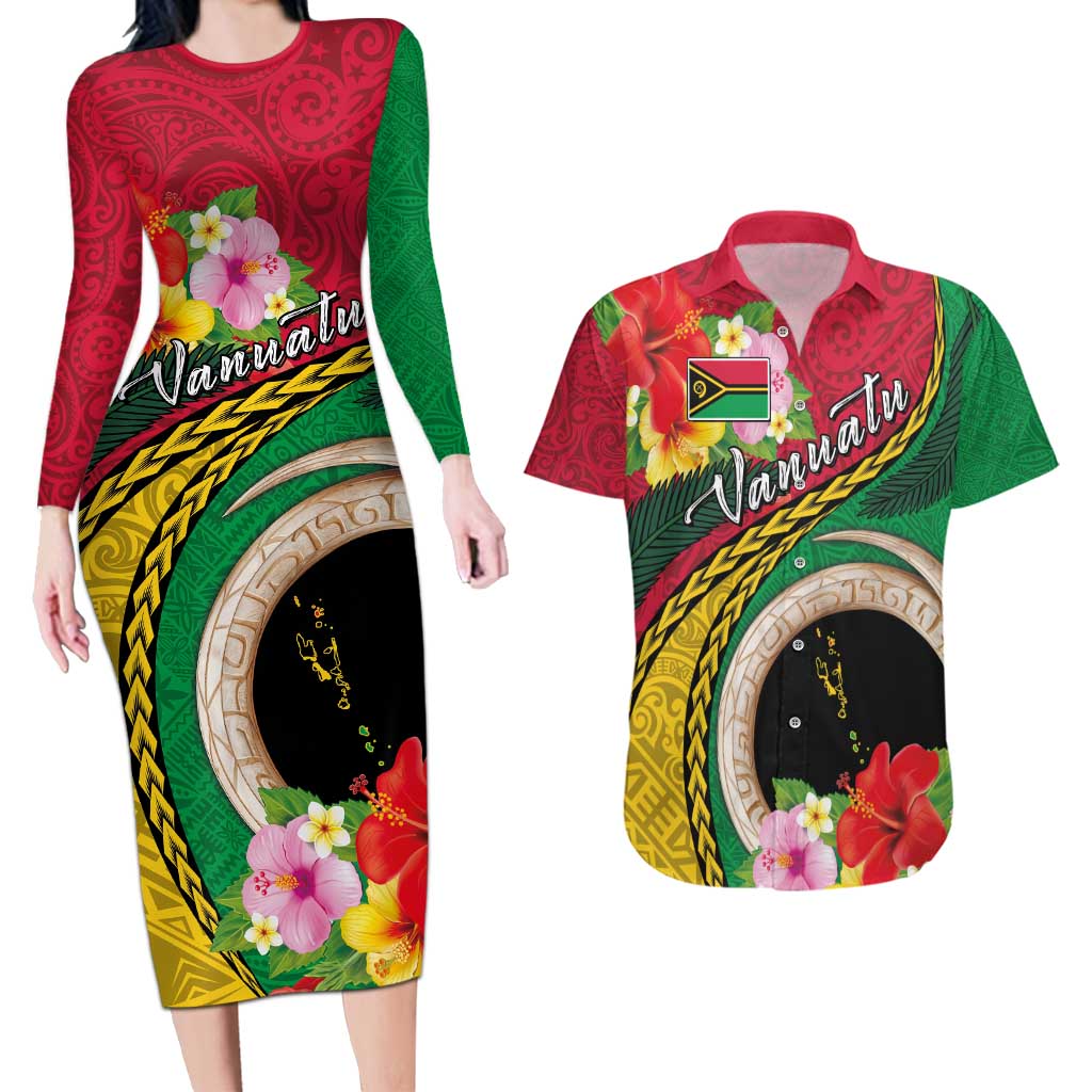 Vanuatu Tribal Boar Tusk Couples Matching Long Sleeve Bodycon Dress and Hawaiian Shirt Tropical Plants with Namele and Melanesian Pattern