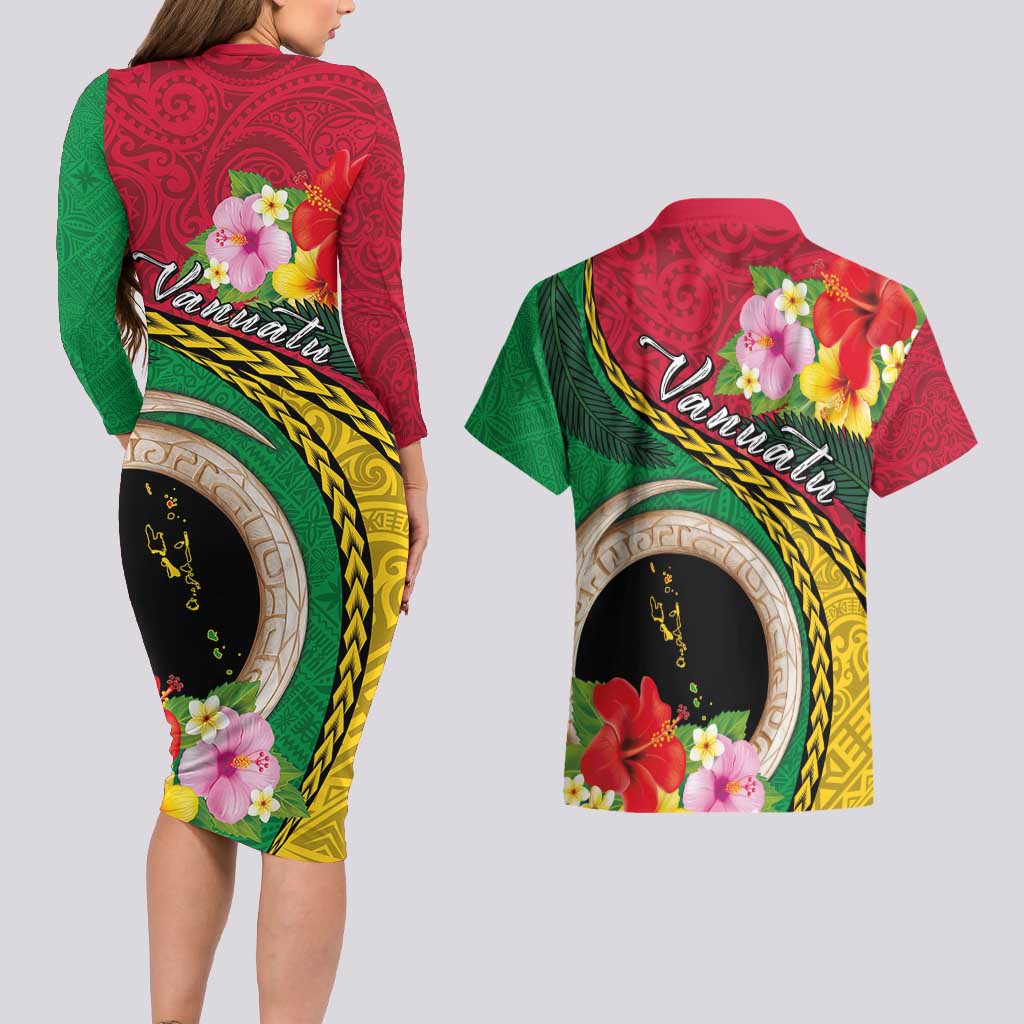 Vanuatu Tribal Boar Tusk Couples Matching Long Sleeve Bodycon Dress and Hawaiian Shirt Tropical Plants with Namele and Melanesian Pattern