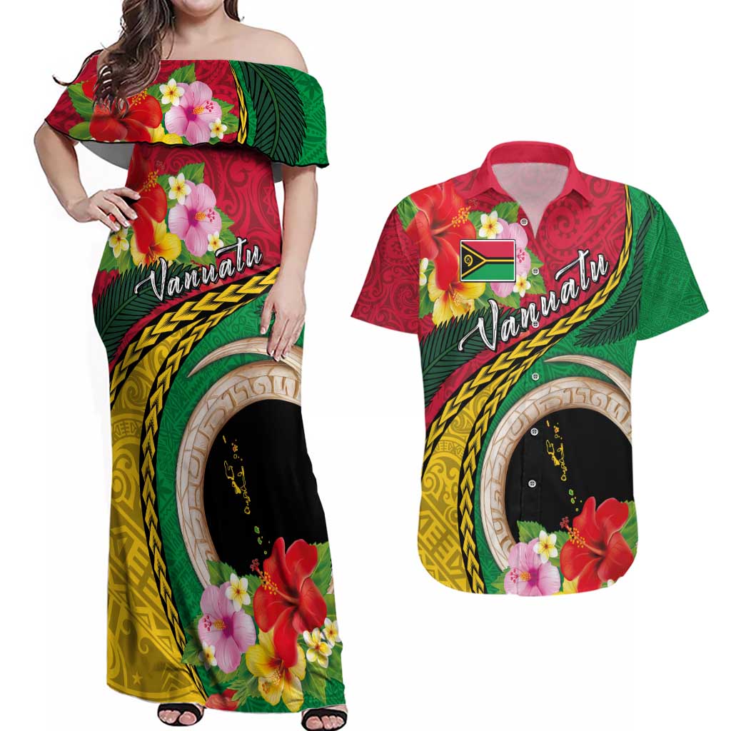 Vanuatu Tribal Boar Tusk Couples Matching Off Shoulder Maxi Dress and Hawaiian Shirt Tropical Plants with Namele and Melanesian Pattern