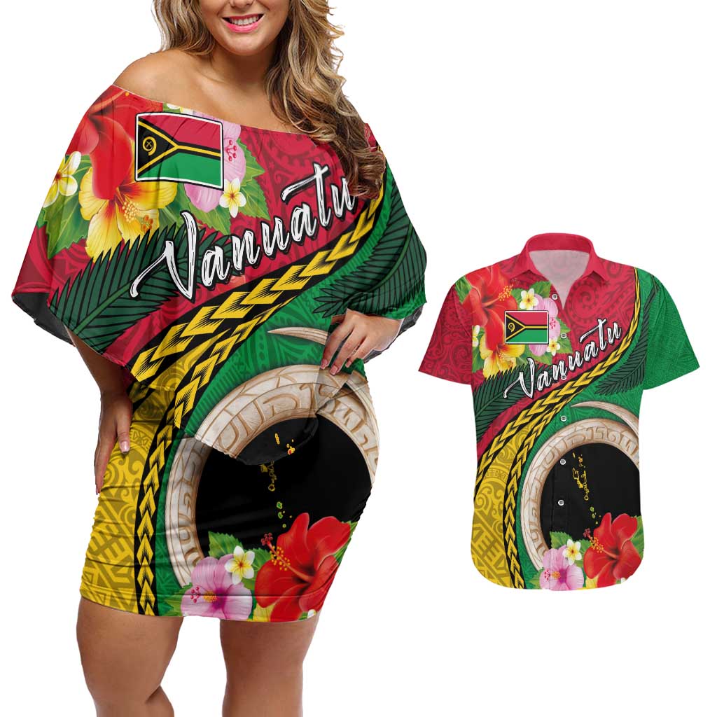 Vanuatu Tribal Boar Tusk Couples Matching Off Shoulder Short Dress and Hawaiian Shirt Tropical Plants with Namele and Melanesian Pattern