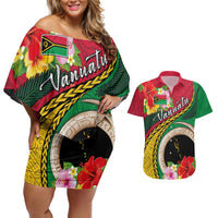 Vanuatu Tribal Boar Tusk Couples Matching Off Shoulder Short Dress and Hawaiian Shirt Tropical Plants with Namele and Melanesian Pattern