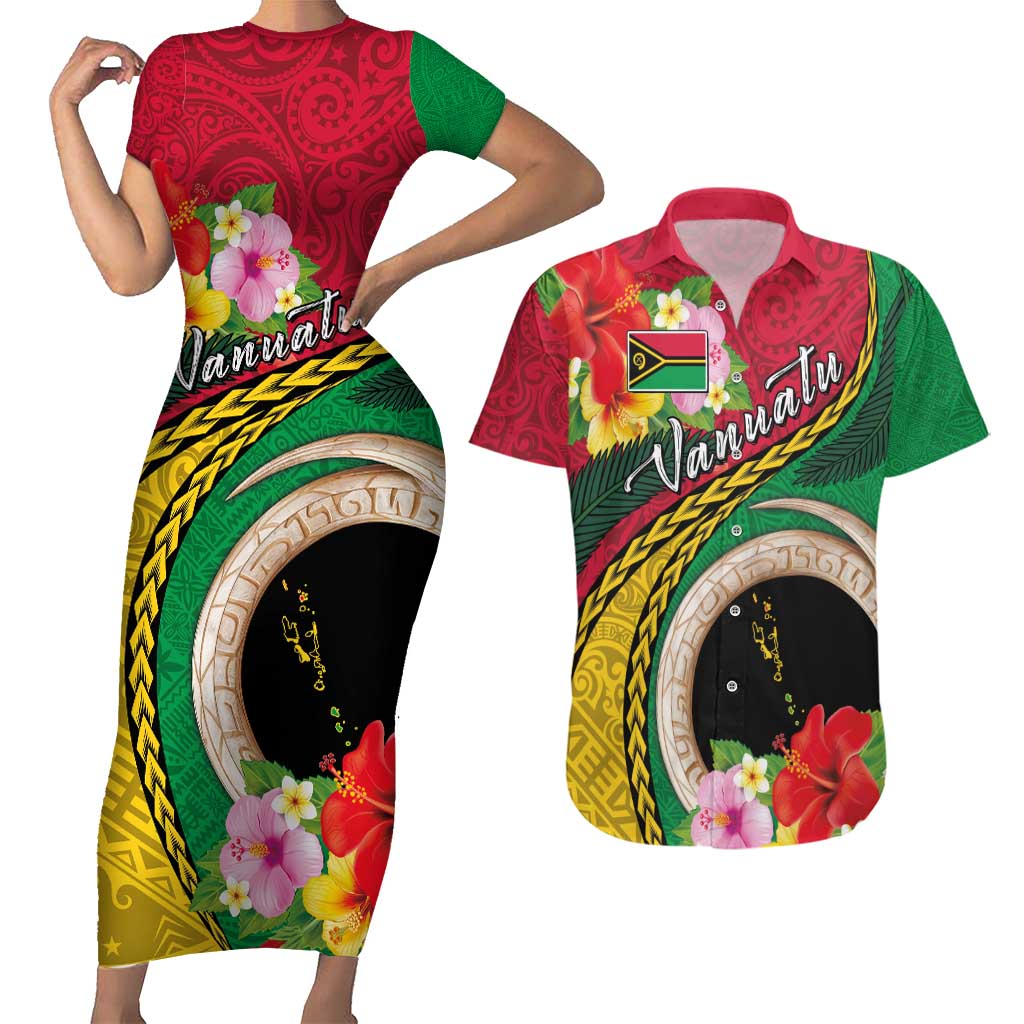 Vanuatu Tribal Boar Tusk Couples Matching Short Sleeve Bodycon Dress and Hawaiian Shirt Tropical Plants with Namele and Melanesian Pattern