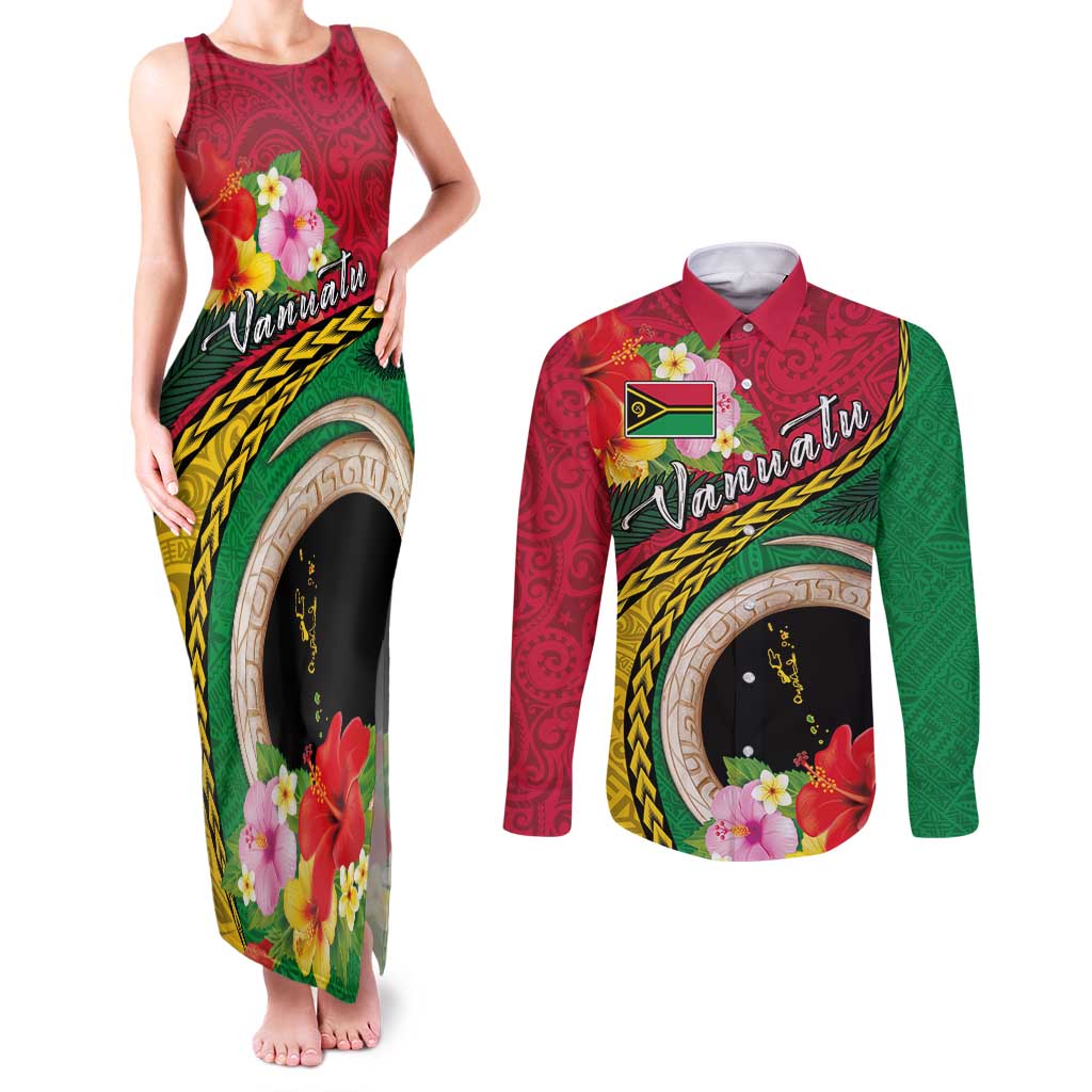 Vanuatu Tribal Boar Tusk Couples Matching Tank Maxi Dress and Long Sleeve Button Shirt Tropical Plants with Namele and Melanesian Pattern