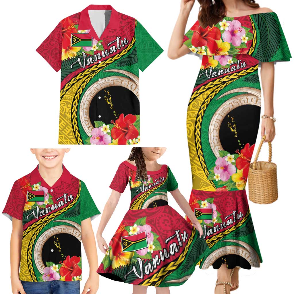 Vanuatu Tribal Boar Tusk Family Matching Mermaid Dress and Hawaiian Shirt Tropical Plants with Namele and Melanesian Pattern