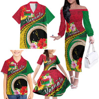 Vanuatu Tribal Boar Tusk Family Matching Off The Shoulder Long Sleeve Dress and Hawaiian Shirt Tropical Plants with Namele and Melanesian Pattern