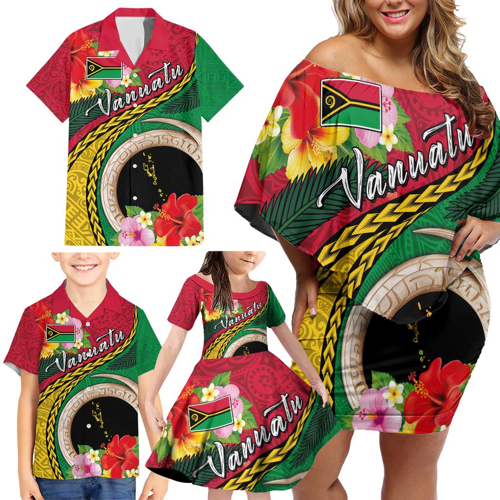 Vanuatu Tribal Boar Tusk Family Matching Off Shoulder Short Dress and Hawaiian Shirt Tropical Plants with Namele and Melanesian Pattern
