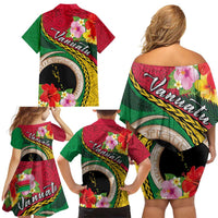Vanuatu Tribal Boar Tusk Family Matching Off Shoulder Short Dress and Hawaiian Shirt Tropical Plants with Namele and Melanesian Pattern