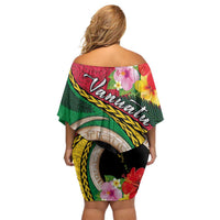 Vanuatu Tribal Boar Tusk Family Matching Off Shoulder Short Dress and Hawaiian Shirt Tropical Plants with Namele and Melanesian Pattern