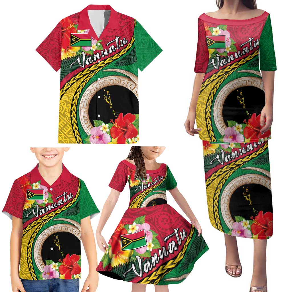 Vanuatu Tribal Boar Tusk Family Matching Puletasi and Hawaiian Shirt Tropical Plants with Namele and Melanesian Pattern
