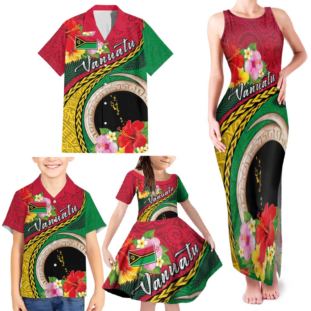 Vanuatu Tribal Boar Tusk Family Matching Tank Maxi Dress and Hawaiian Shirt Tropical Plants with Namele and Melanesian Pattern