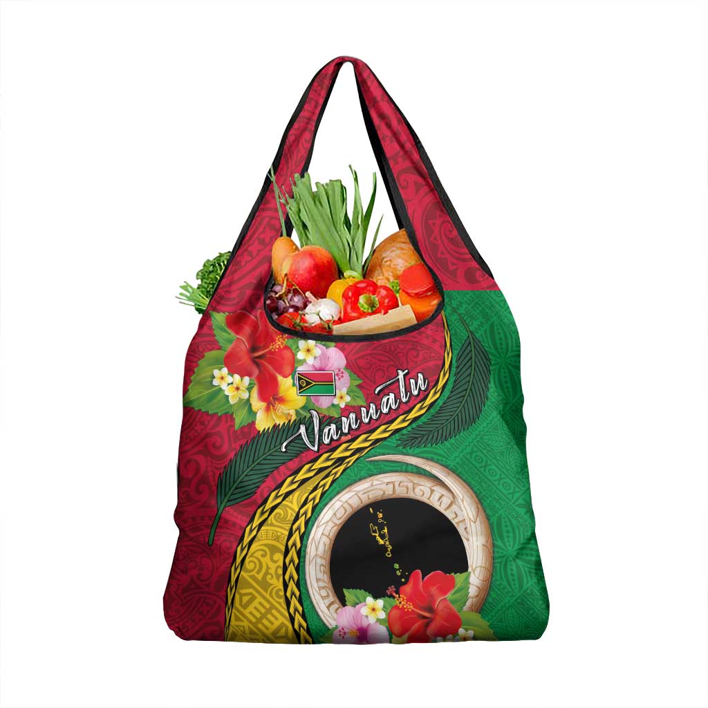 Vanuatu Tribal Boar Tusk Grocery Bag Tropical Plants with Namele and Melanesian Pattern