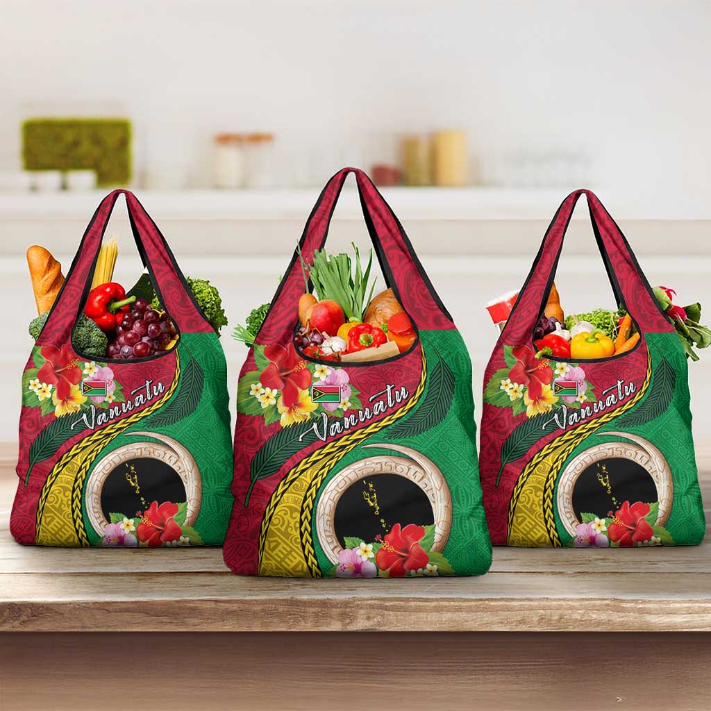 Vanuatu Tribal Boar Tusk Grocery Bag Tropical Plants with Namele and Melanesian Pattern