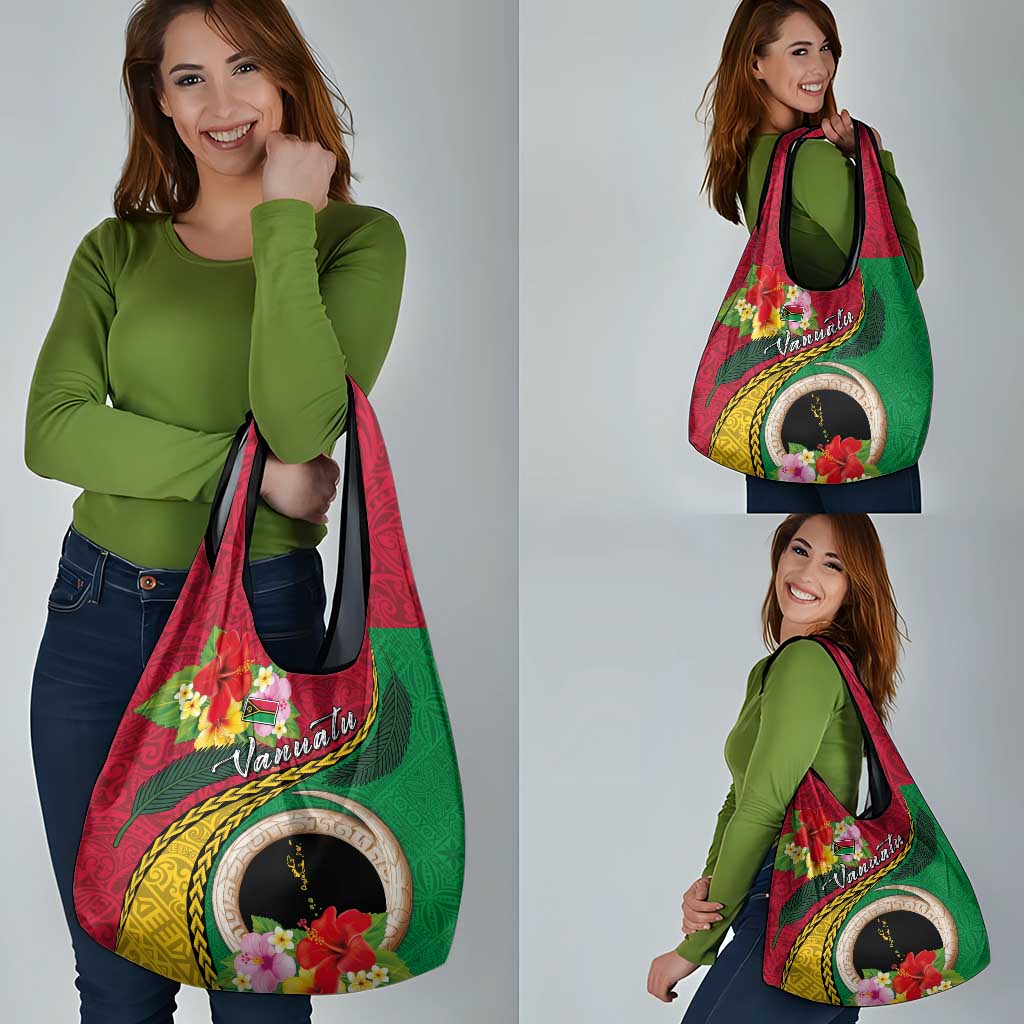 Vanuatu Tribal Boar Tusk Grocery Bag Tropical Plants with Namele and Melanesian Pattern