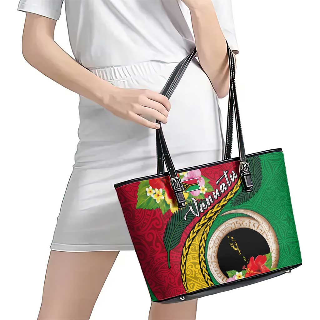 Vanuatu Tribal Boar Tusk Leather Tote Bag Tropical Plants with Namele and Melanesian Pattern