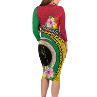 Vanuatu Tribal Boar Tusk Long Sleeve Bodycon Dress Tropical Plants with Namele and Melanesian Pattern