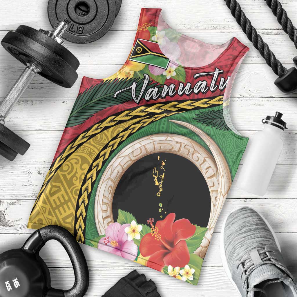 Vanuatu Tribal Boar Tusk Men Tank Top Tropical Plants with Namele and Melanesian Pattern