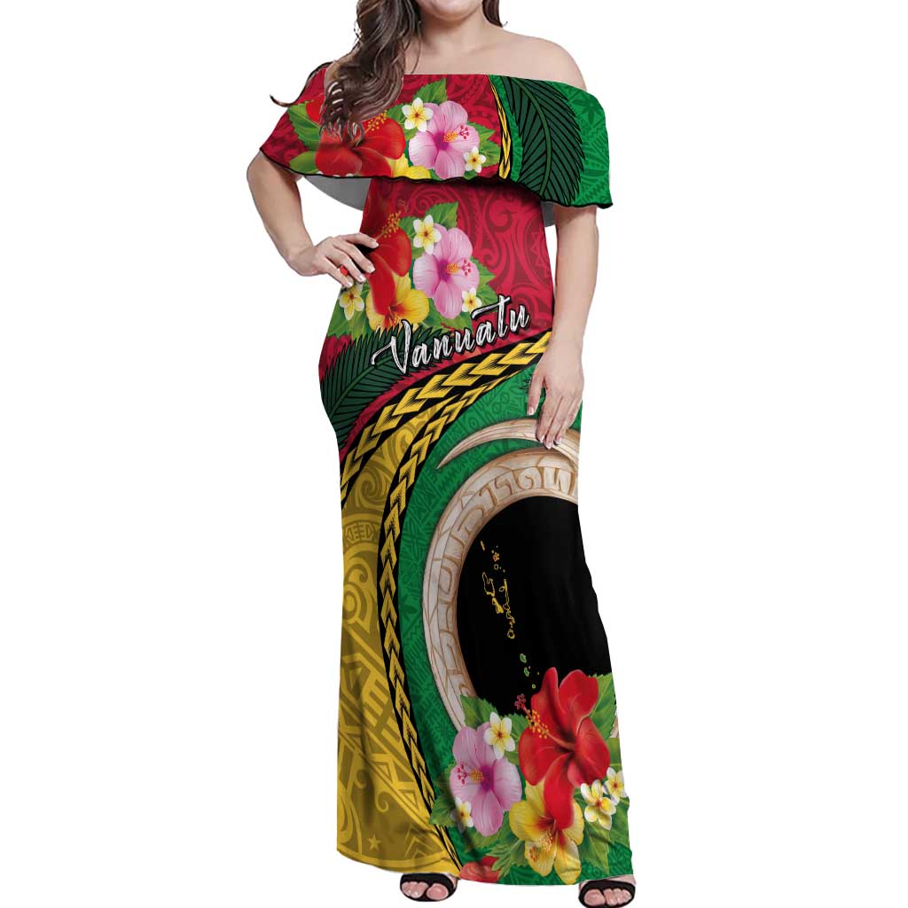Vanuatu Tribal Boar Tusk Off Shoulder Maxi Dress Tropical Plants with Namele and Melanesian Pattern