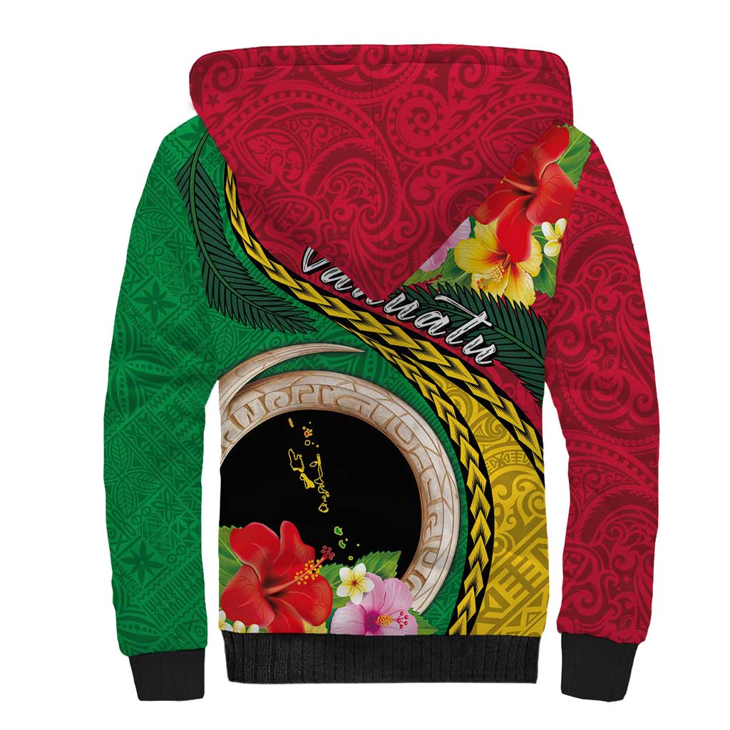Vanuatu Tribal Boar Tusk Sherpa Hoodie Tropical Plants with Namele and Melanesian Pattern