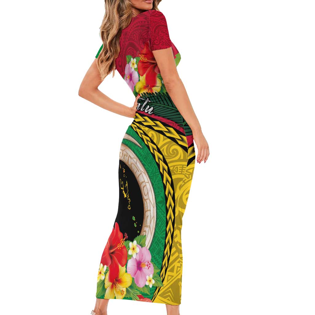 Vanuatu Tribal Boar Tusk Short Sleeve Bodycon Dress Tropical Plants with Namele and Melanesian Pattern