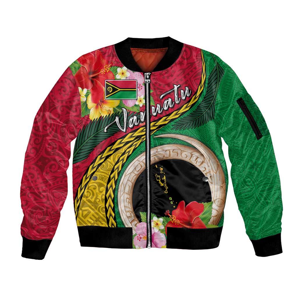 Vanuatu Tribal Boar Tusk Sleeve Zip Bomber Jacket Tropical Plants with Namele and Melanesian Pattern