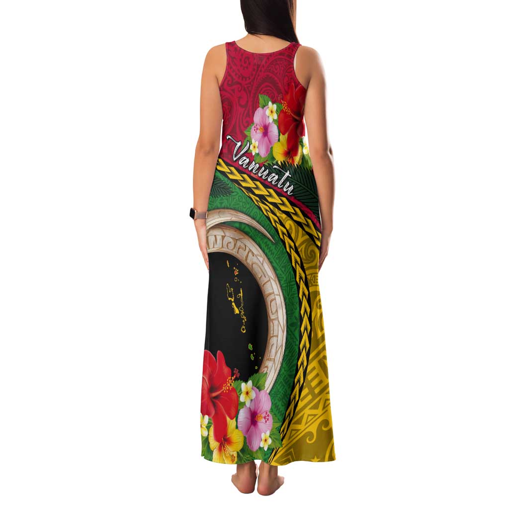 Vanuatu Tribal Boar Tusk Tank Maxi Dress Tropical Plants with Namele and Melanesian Pattern