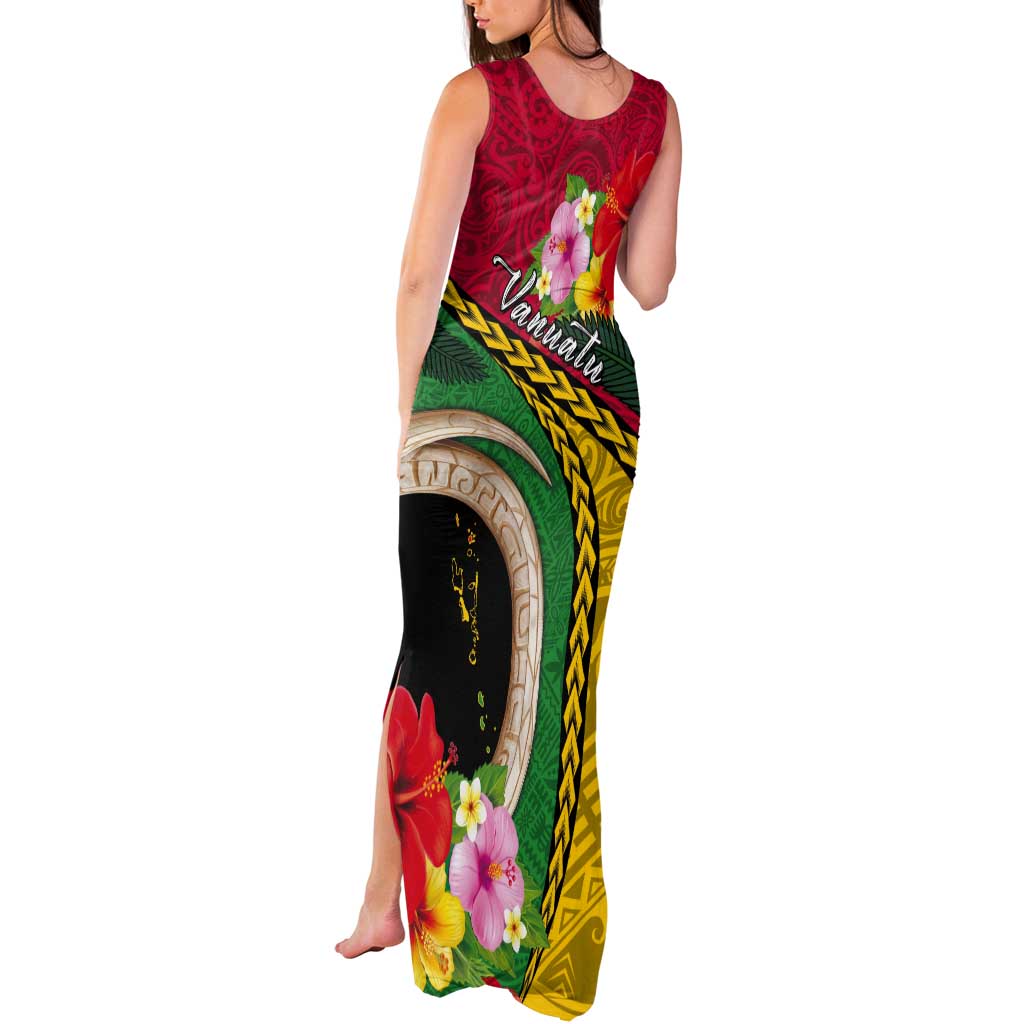 Vanuatu Tribal Boar Tusk Tank Maxi Dress Tropical Plants with Namele and Melanesian Pattern