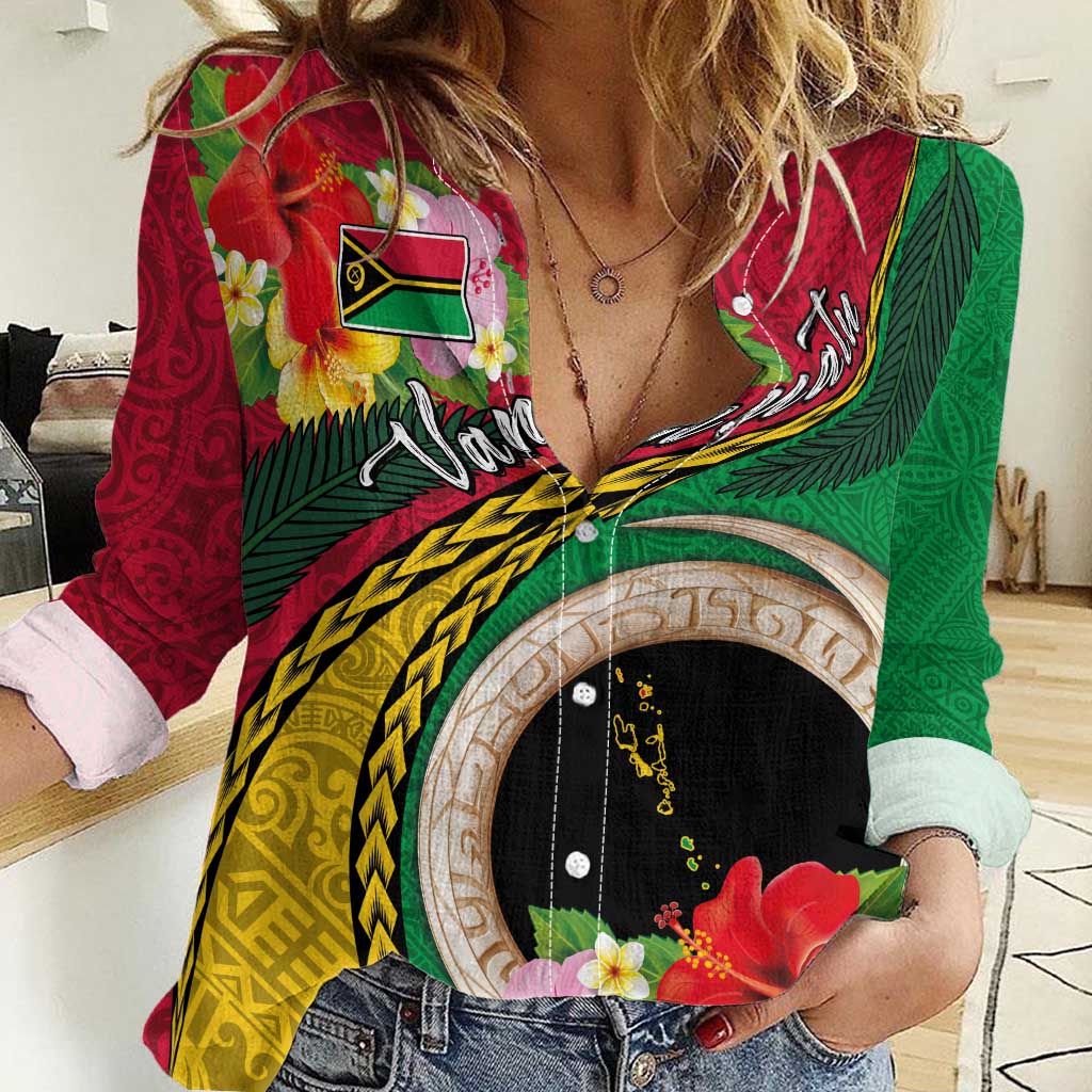 Vanuatu Tribal Boar Tusk Women Casual Shirt Tropical Plants with Namele and Melanesian Pattern