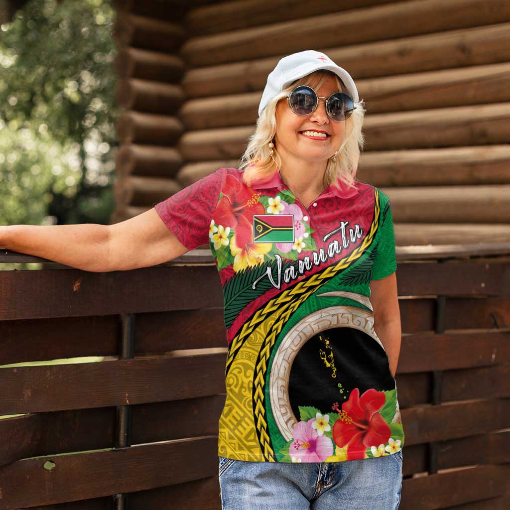 Vanuatu Tribal Boar Tusk Women Polo Shirt Tropical Plants with Namele and Melanesian Pattern