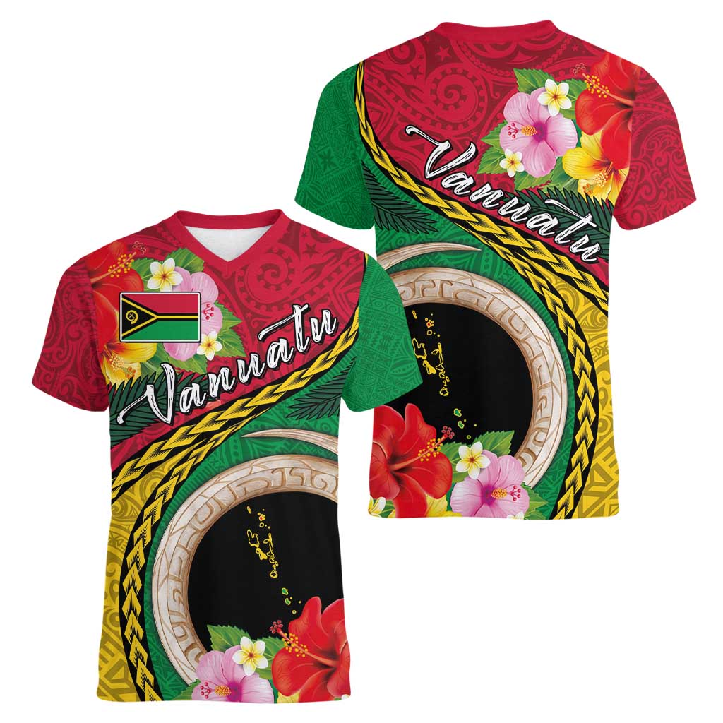 Vanuatu Tribal Boar Tusk Women V-Neck T-Shirt Tropical Plants with Namele and Melanesian Pattern