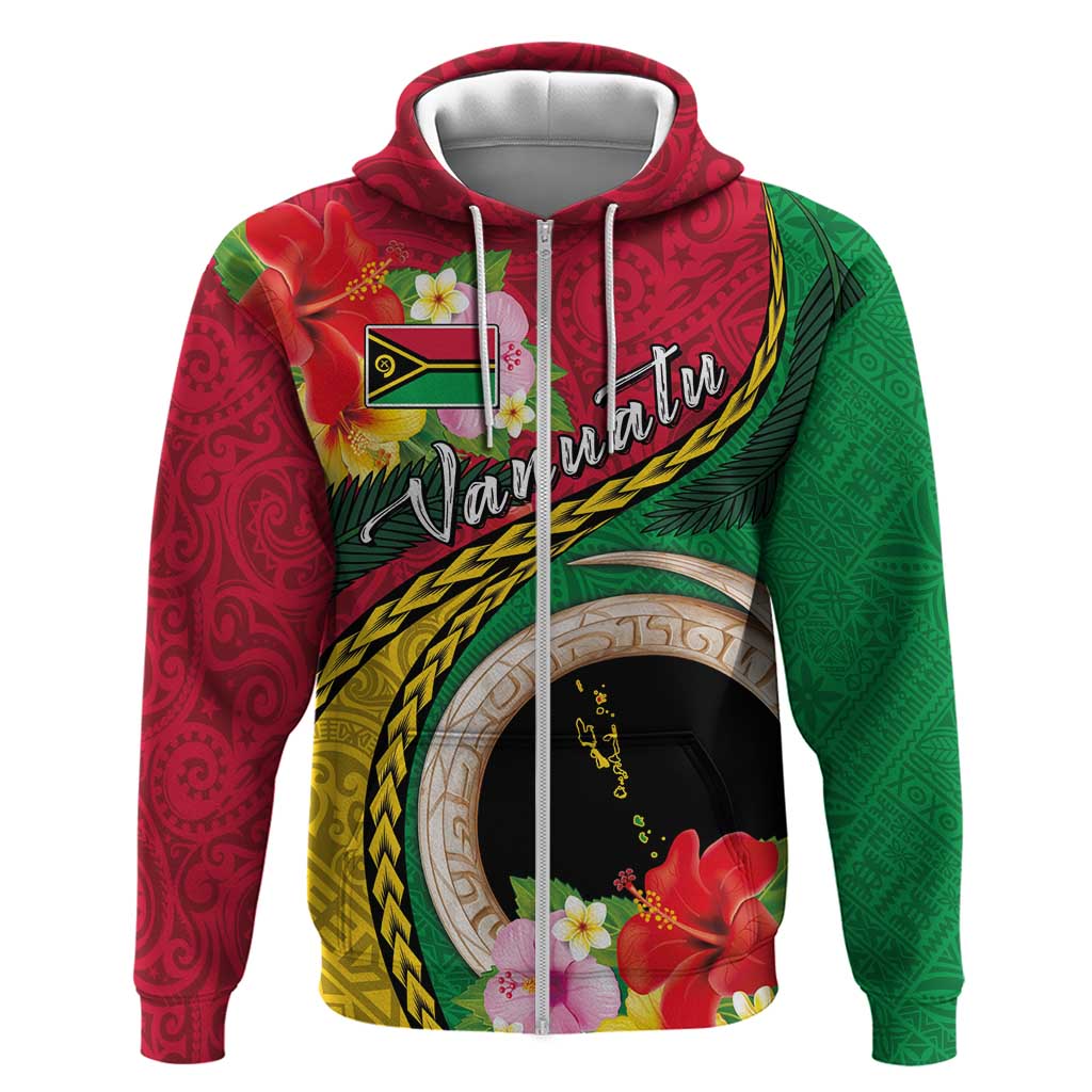 Vanuatu Tribal Boar Tusk Zip Hoodie Tropical Plants with Namele and Melanesian Pattern