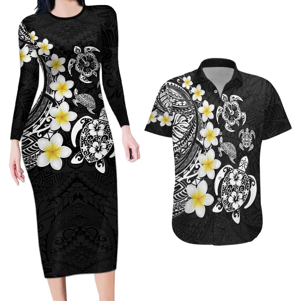 Hawaiian Plumeria Turtles Couples Matching Long Sleeve Bodycon Dress and Hawaiian Shirt Polynesian Art Tattoo LT03 Black - Polynesian Pride