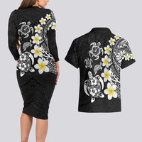 Hawaiian Plumeria Turtles Couples Matching Long Sleeve Bodycon Dress and Hawaiian Shirt Polynesian Art Tattoo LT03 - Polynesian Pride