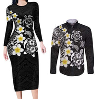 Hawaiian Plumeria Turtles Couples Matching Long Sleeve Bodycon Dress and Long Sleeve Button Shirt Polynesian Art Tattoo LT03 Black - Polynesian Pride