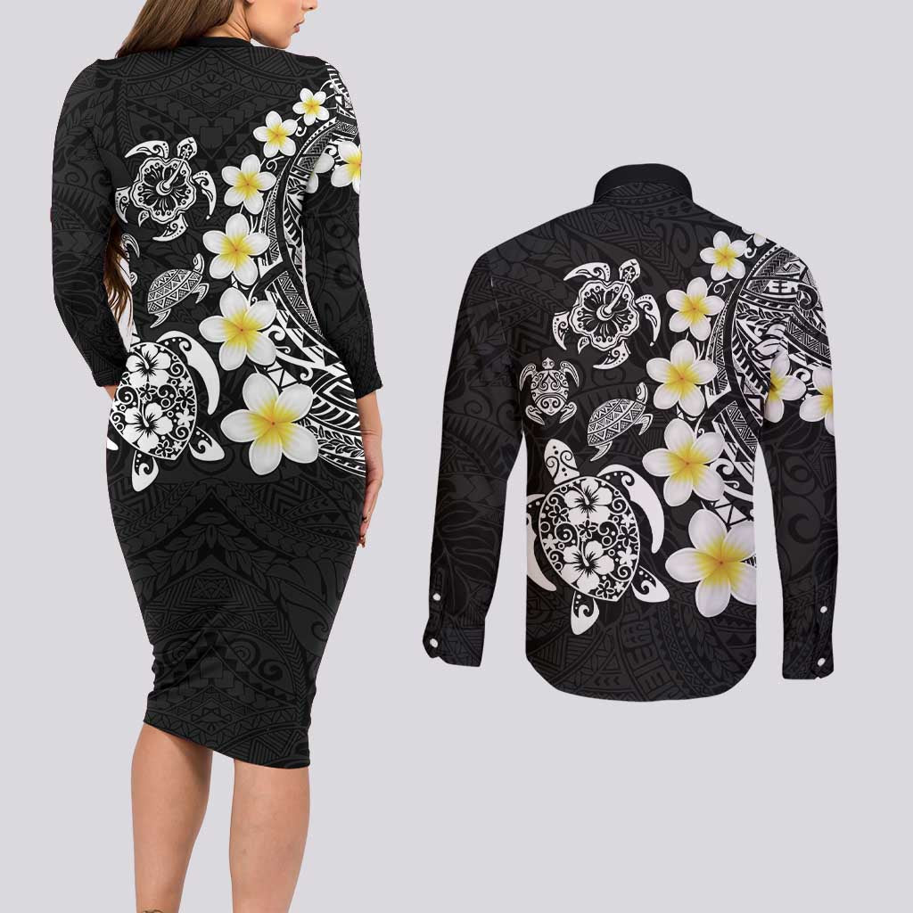 Hawaiian Plumeria Turtles Couples Matching Long Sleeve Bodycon Dress and Long Sleeve Button Shirt Polynesian Art Tattoo LT03 - Polynesian Pride