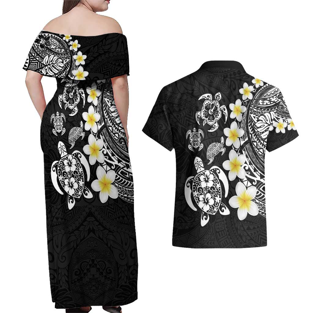 Hawaiian Plumeria Turtles Couples Matching Off Shoulder Maxi Dress and Hawaiian Shirt Polynesian Art Tattoo