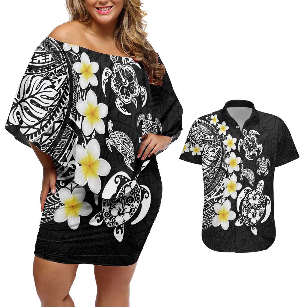 Hawaiian Plumeria Turtles Couples Matching Off Shoulder Short Dress and Hawaiian Shirt Polynesian Art Tattoo LT03 Black - Polynesian Pride