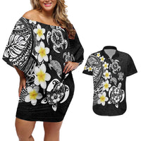 Hawaiian Plumeria Turtles Couples Matching Off Shoulder Short Dress and Hawaiian Shirt Polynesian Art Tattoo LT03 Black - Polynesian Pride
