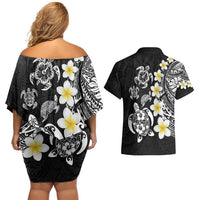 Hawaiian Plumeria Turtles Couples Matching Off Shoulder Short Dress and Hawaiian Shirt Polynesian Art Tattoo LT03 - Polynesian Pride