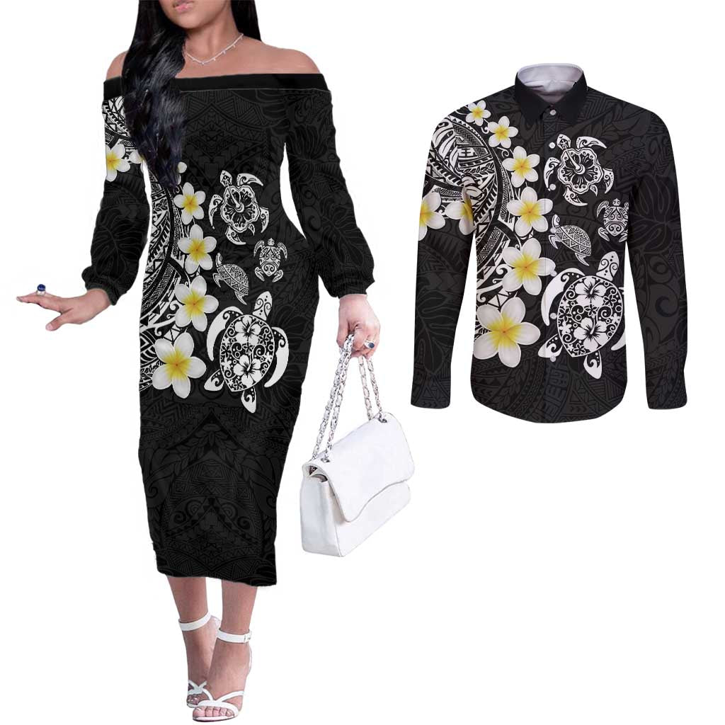 Hawaiian Plumeria Turtles Couples Matching Off The Shoulder Long Sleeve Dress and Long Sleeve Button Shirt Polynesian Art Tattoo