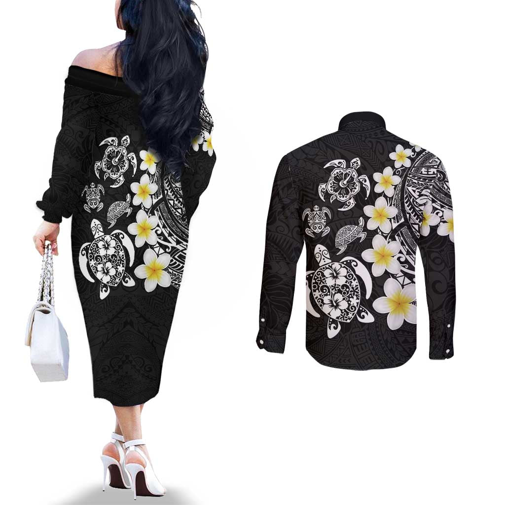 Hawaiian Plumeria Turtles Couples Matching Off The Shoulder Long Sleeve Dress and Long Sleeve Button Shirt Polynesian Art Tattoo LT03 - Polynesian Pride