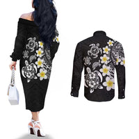 Hawaiian Plumeria Turtles Couples Matching Off The Shoulder Long Sleeve Dress and Long Sleeve Button Shirt Polynesian Art Tattoo LT03 - Polynesian Pride
