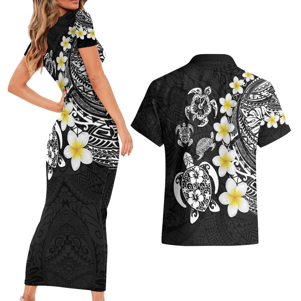 Hawaiian Plumeria Turtles Couples Matching Short Sleeve Bodycon Dress and Hawaiian Shirt Polynesian Art Tattoo LT03 - Polynesian Pride