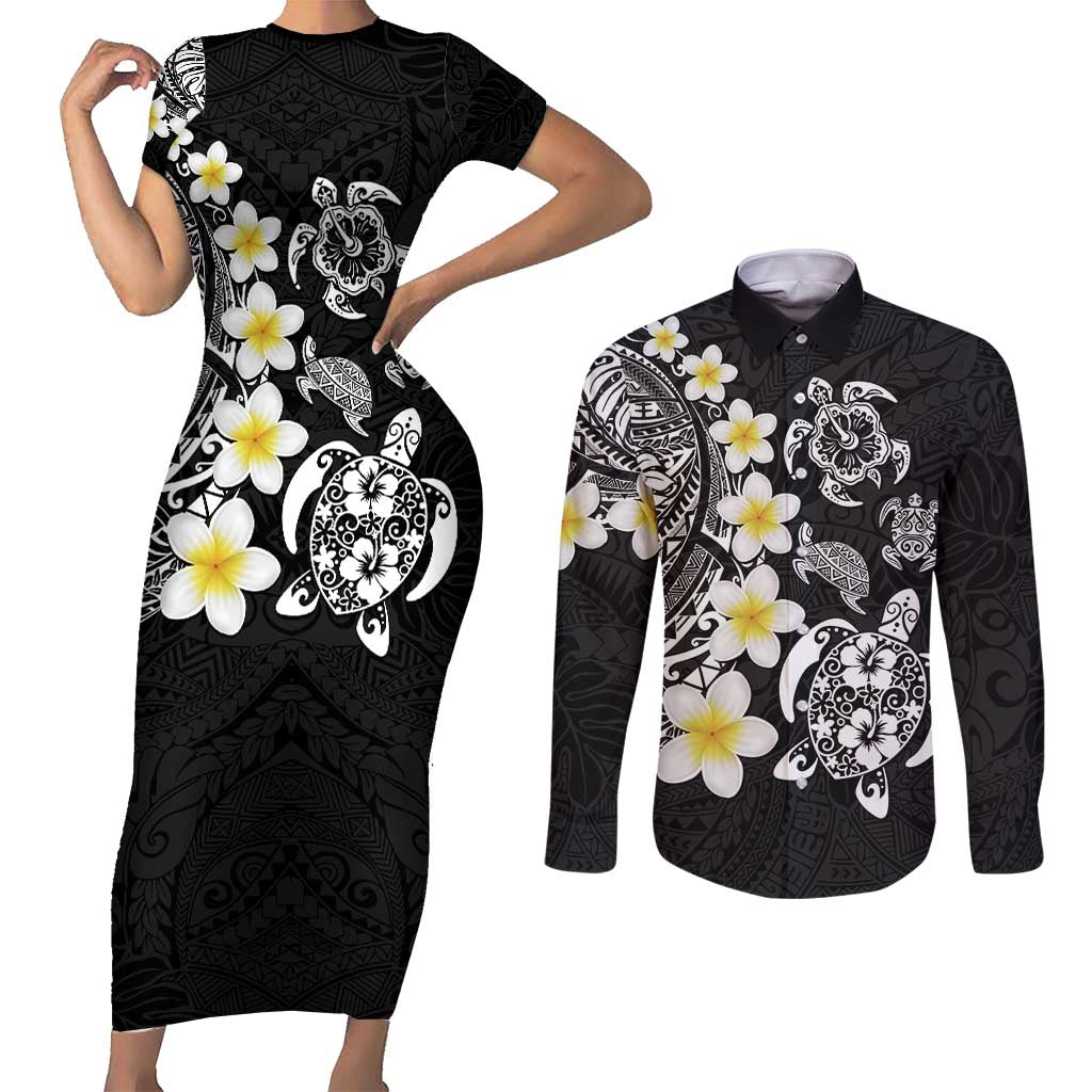 Hawaiian Plumeria Turtles Couples Matching Short Sleeve Bodycon Dress and Long Sleeve Button Shirt Polynesian Art Tattoo LT03 Black - Polynesian Pride